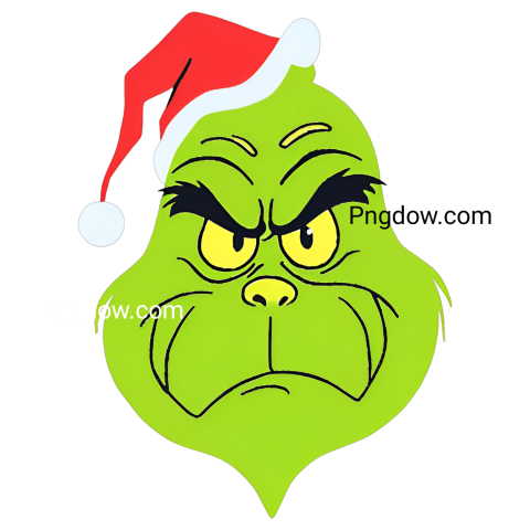 A mischievous Grinch face wearing a festive Santa hat, embodying holiday spirit with a playful grin