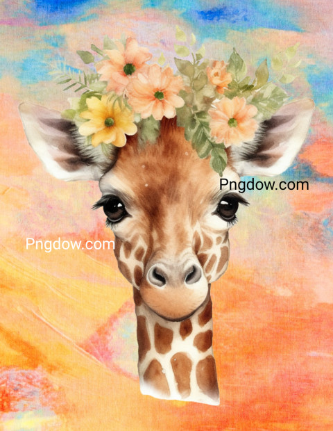 There is a giraffe with a flower crown on its head digital art