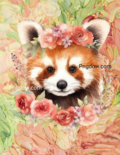 digital art painting of a red panda wearing a flower crown