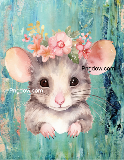 digital art painting of a mouse with flowers on its head