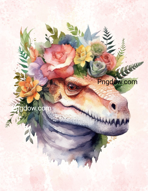A digital art painting of a t rex with a flower crown
