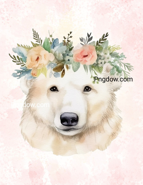 A painting polar bear with a wreath of flowers on his head digital art