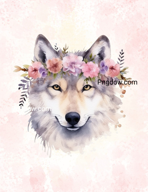 Painting A close up of a wolf with a flower crown on its head digital art