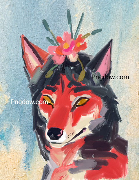 close up of a Red and black wolf with a flower crown on its head