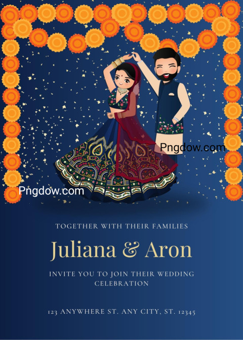Free PSD, Blue Gradient Illustrative Indian Wedding Invitation