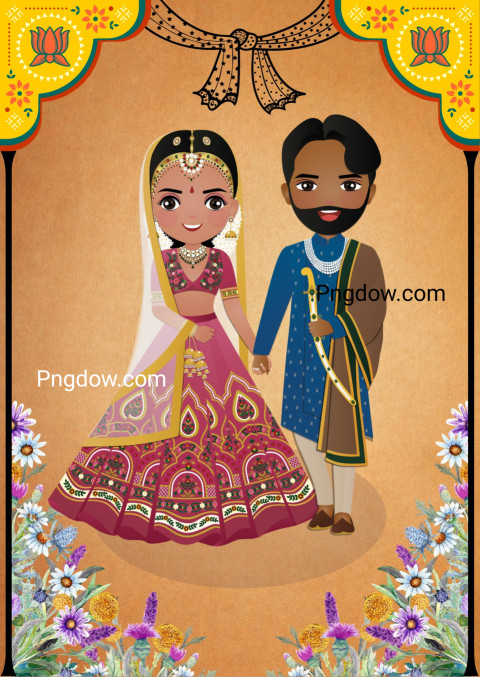 Wedding invitation card the bride and groom cute couple in traditional indian dress cartoon character  Vector