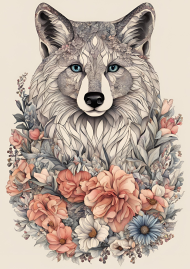 Mesmerizing Wolf Art Surrounded by Flowers