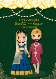 Premium Vector, Save the date cute indian bride and groom with traditional wedding invitation card