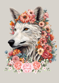 There is a wolf with flowers on its head and a art