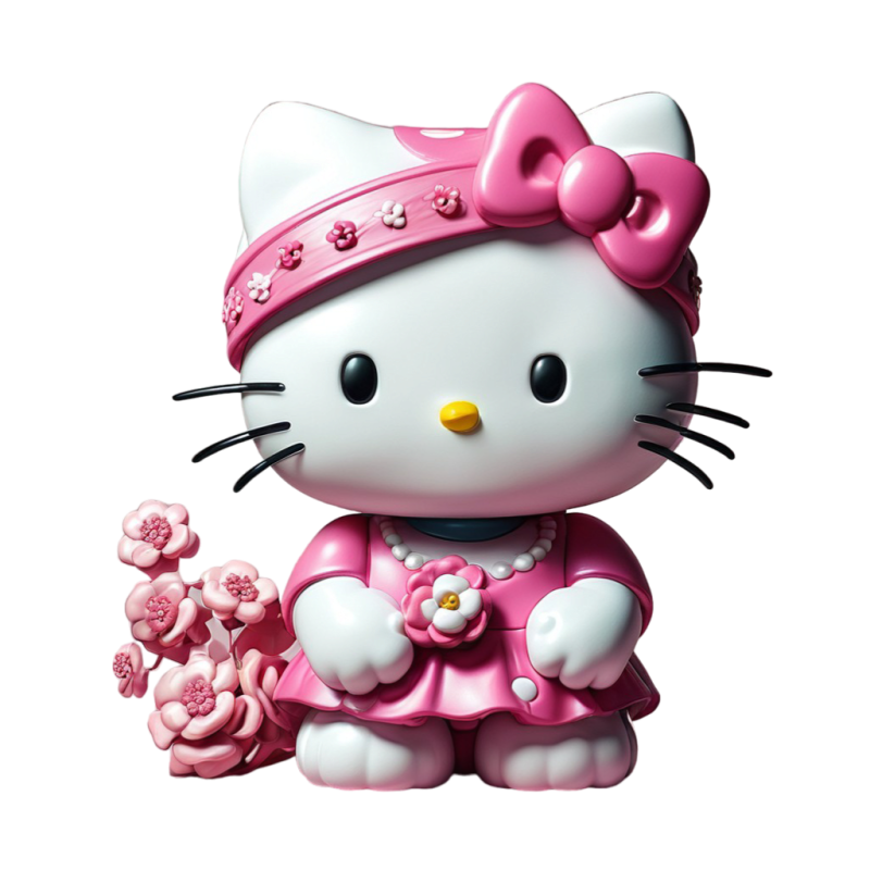 Hello kitty figurine with pink bow and flowers cute and colorful hello kitty png image