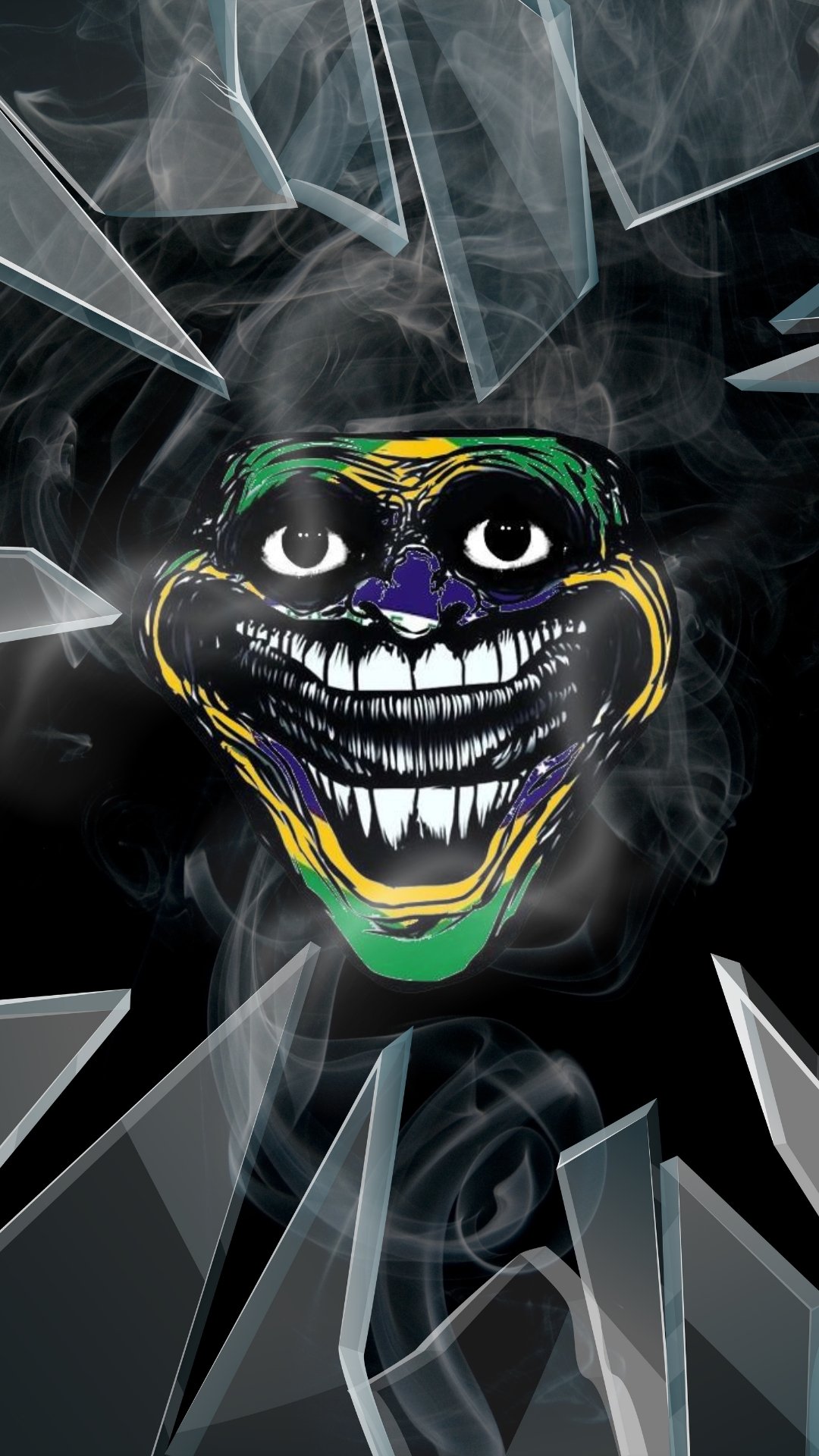 Mardi gras mask emitting smoke set against troll face wallpaper