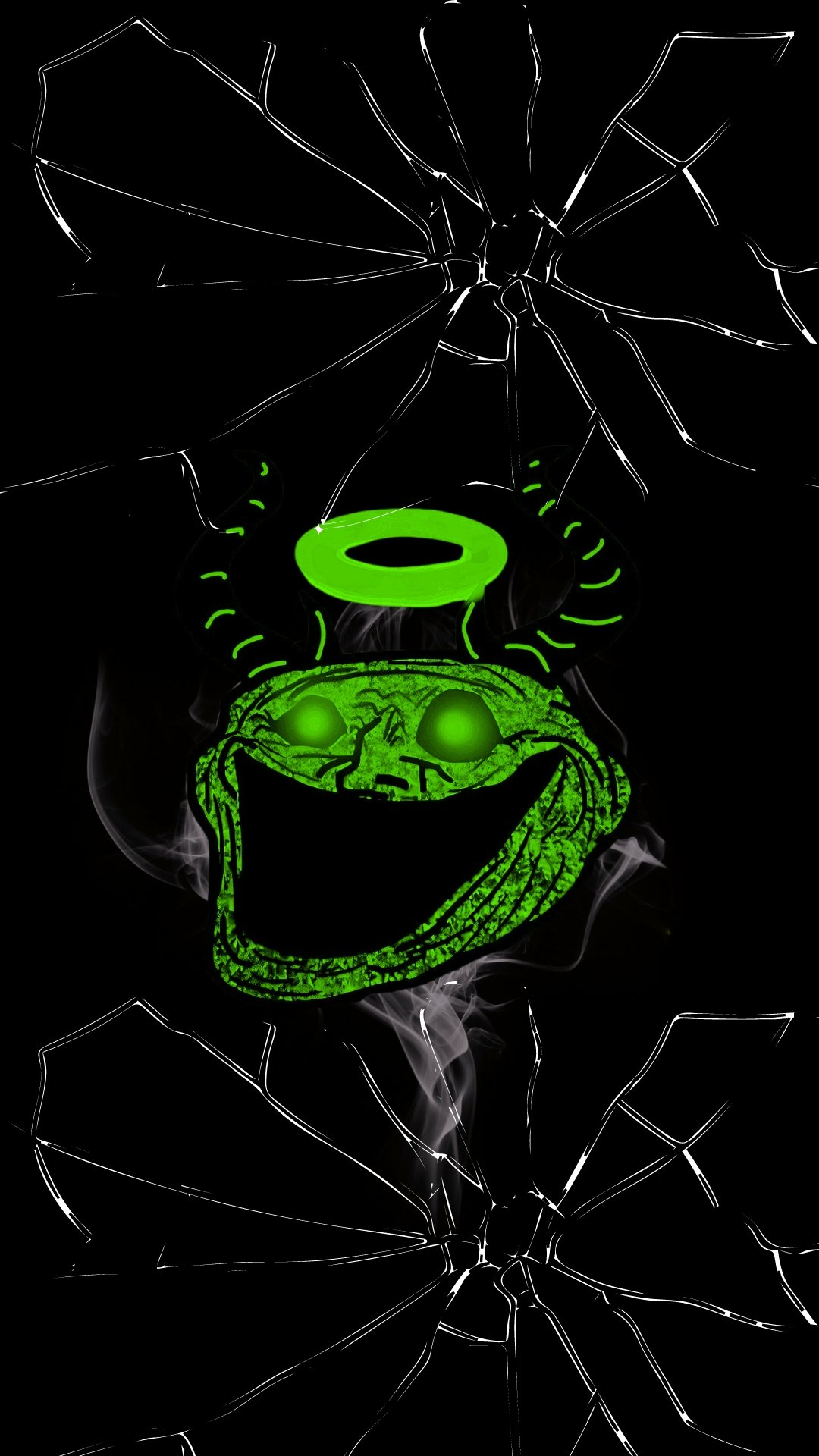 Green angel with broken wings on a shattered window holding a broken glass against a troll face wallpaper