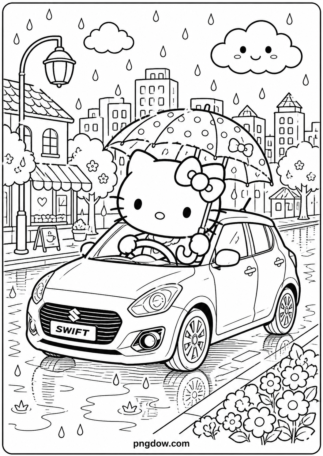 Hello Kitty Rainy Day Swift Car Coloring Page – Free PDF Download