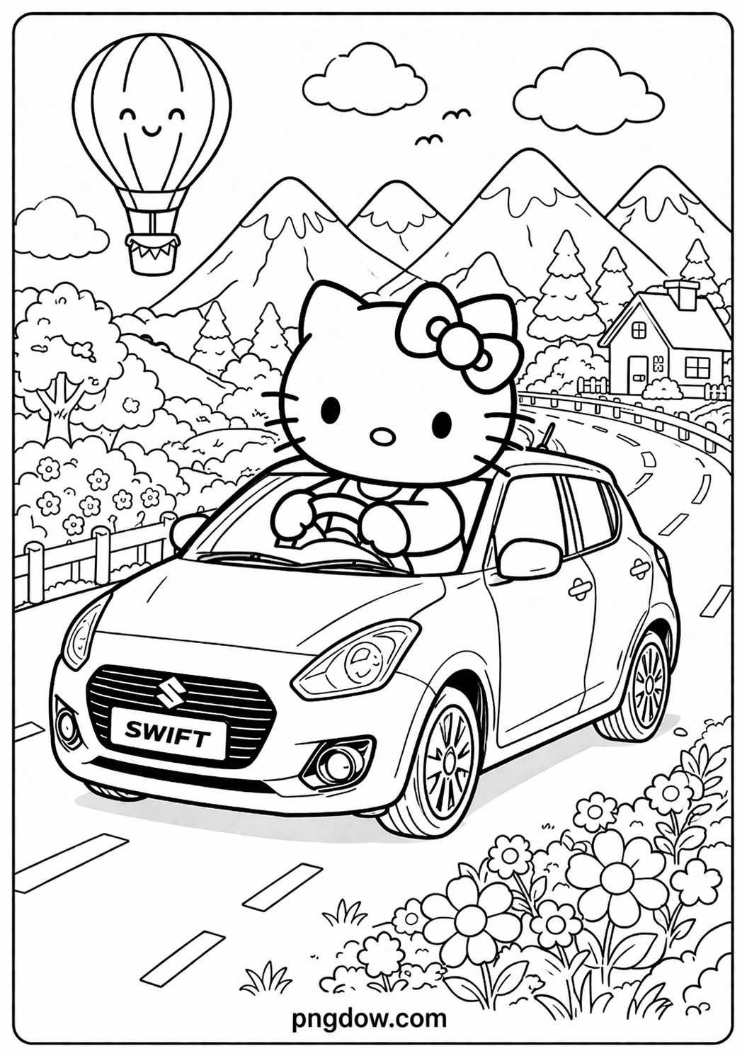 Hello Kitty Swift Car Coloring Page: Free PDF Download for Kids