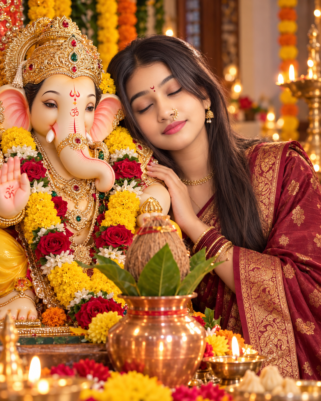 Devotional Ganesh Chaturthi Portrait Prompt – Woman with Lord Ganesha & Kalash