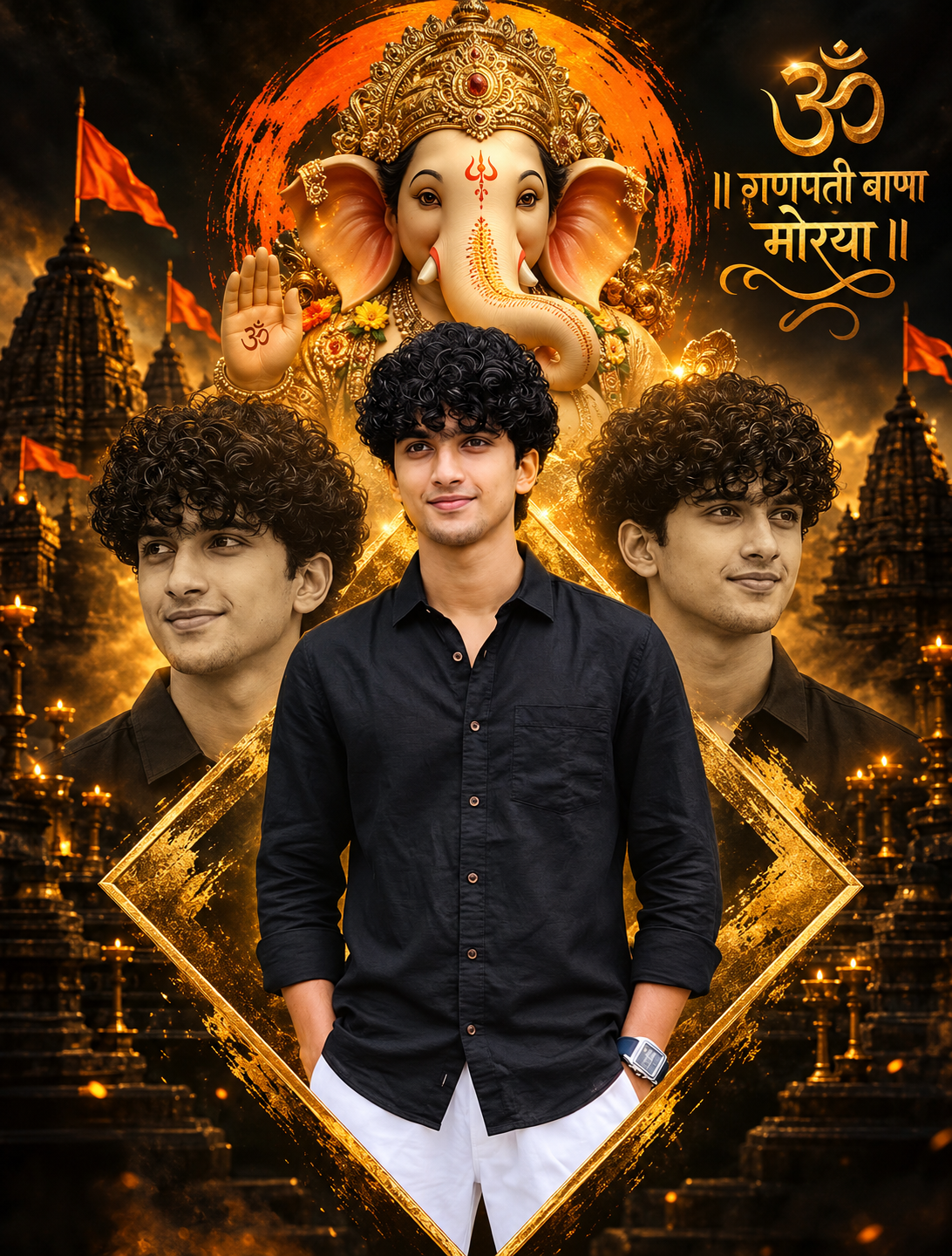 Ganpati Bappa AI Photo Editing Prompt: Create Cinematic Golden Devotional Poster with Your Own Photo | Free AI Image Prompt