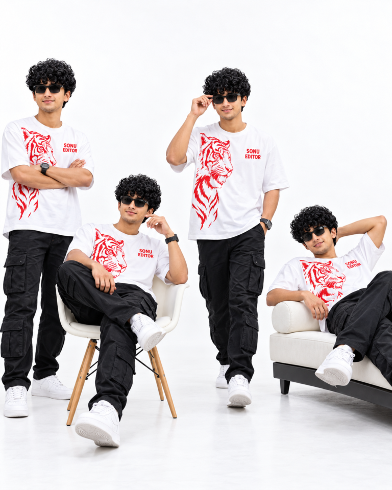 Ultra Realistic 8K Sonu Editor Fashion Photo Collage – 4 Stylish Poses in Tiger Print T-Shirt Prompt