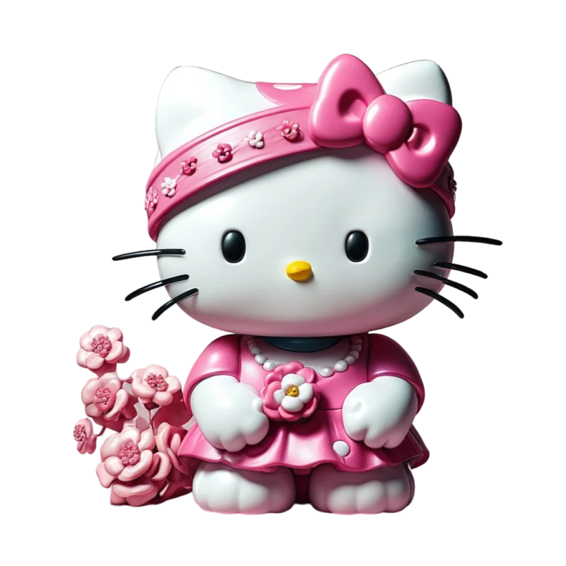Hello kitty figurine with pink bow and flowers cute and colorful hello kitty png image - Hello Kitty figurine with pink bow and flowers - cute and colorful PNG image