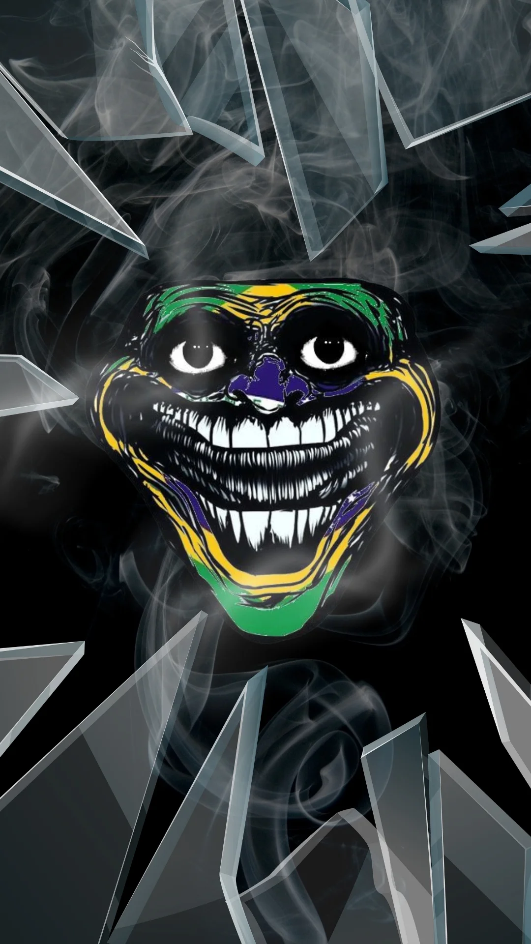 Mardi Gras mask emitting smoke set against troll face wallpaper