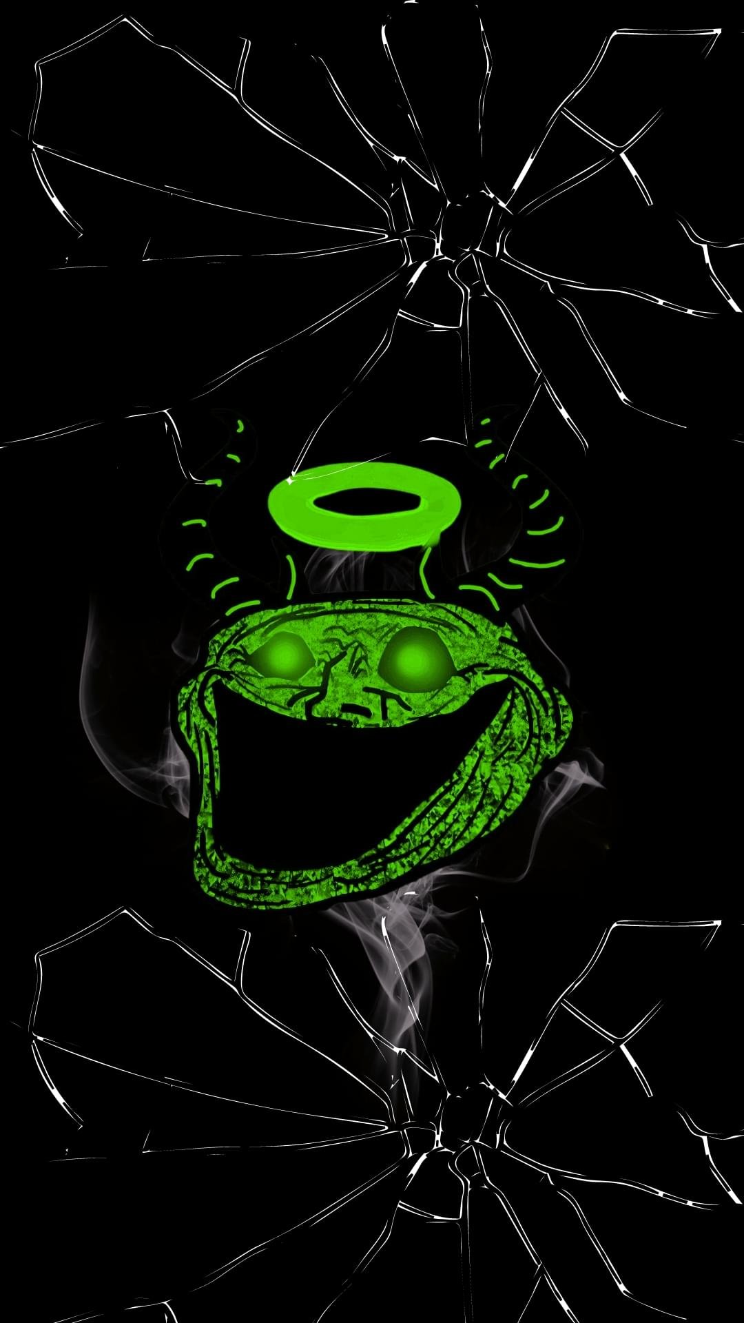 Green angel with broken wings on a shattered window holding a broken glass against a troll face wallpaper