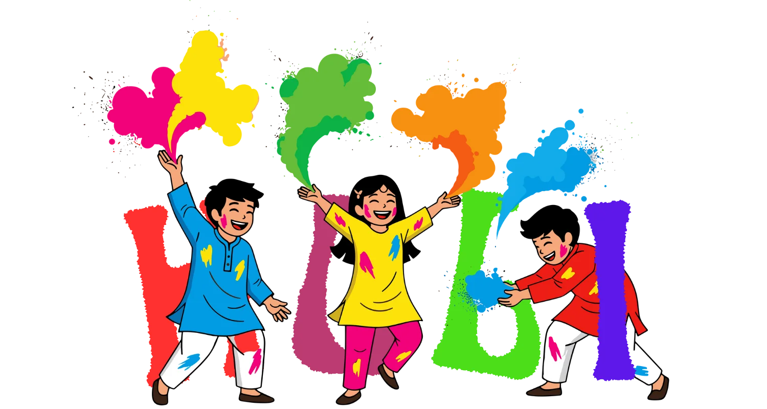 Happy Kids Playing Holi Vector PNG
