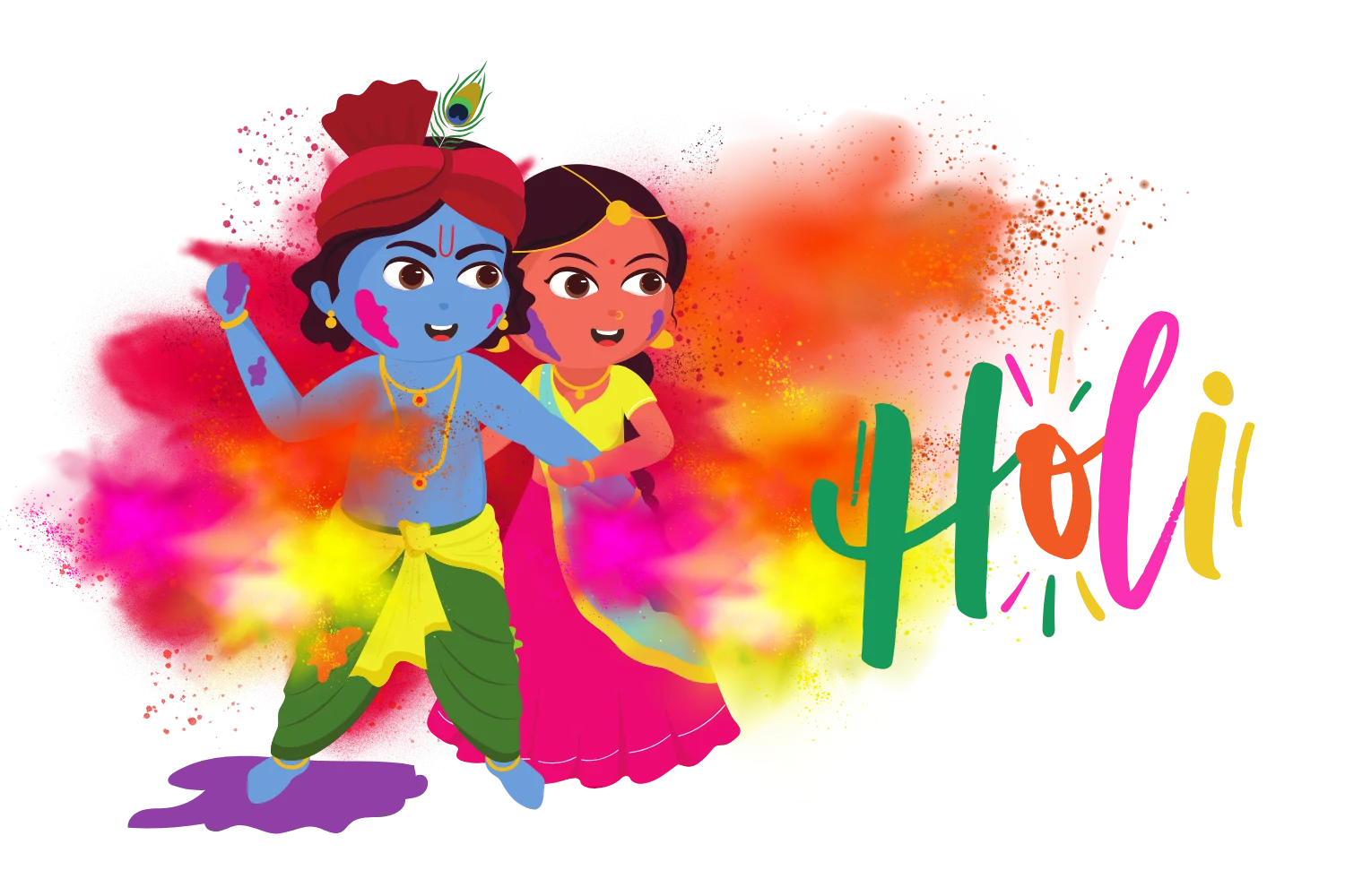 Radha Krishna Playing Holi Cartoon PNG