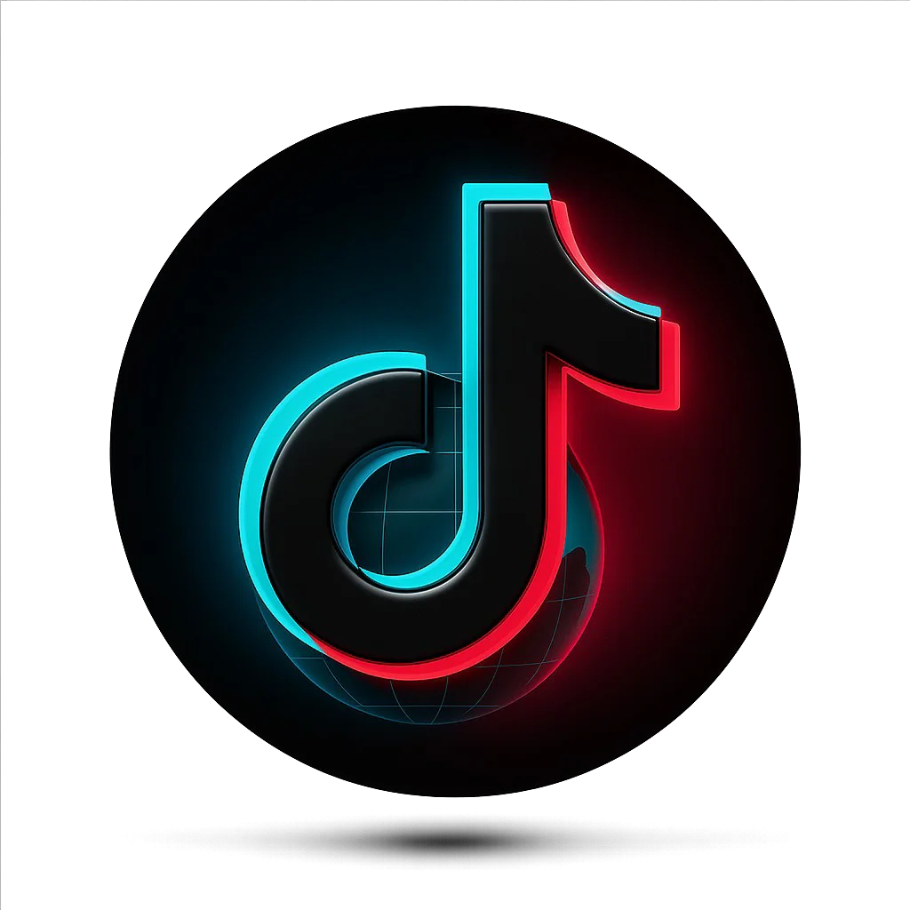 TikTok logo musical note cyan red neon on black globe background PNG image