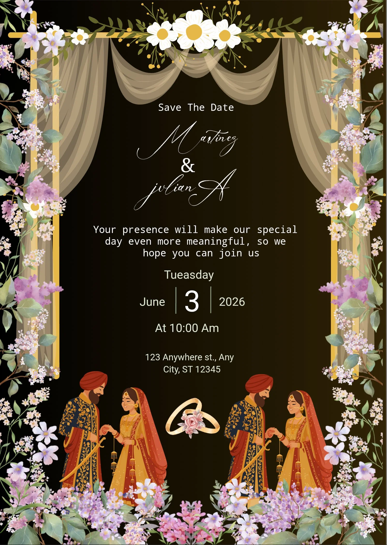 Free Editable Black Floral Indian Save The Date Wedding Invitation Online