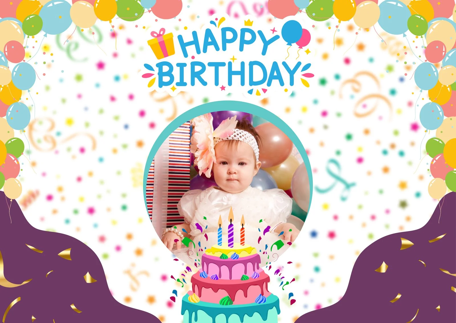 Happy birthday photo frame template with baby image cake candles and colorful balloons design