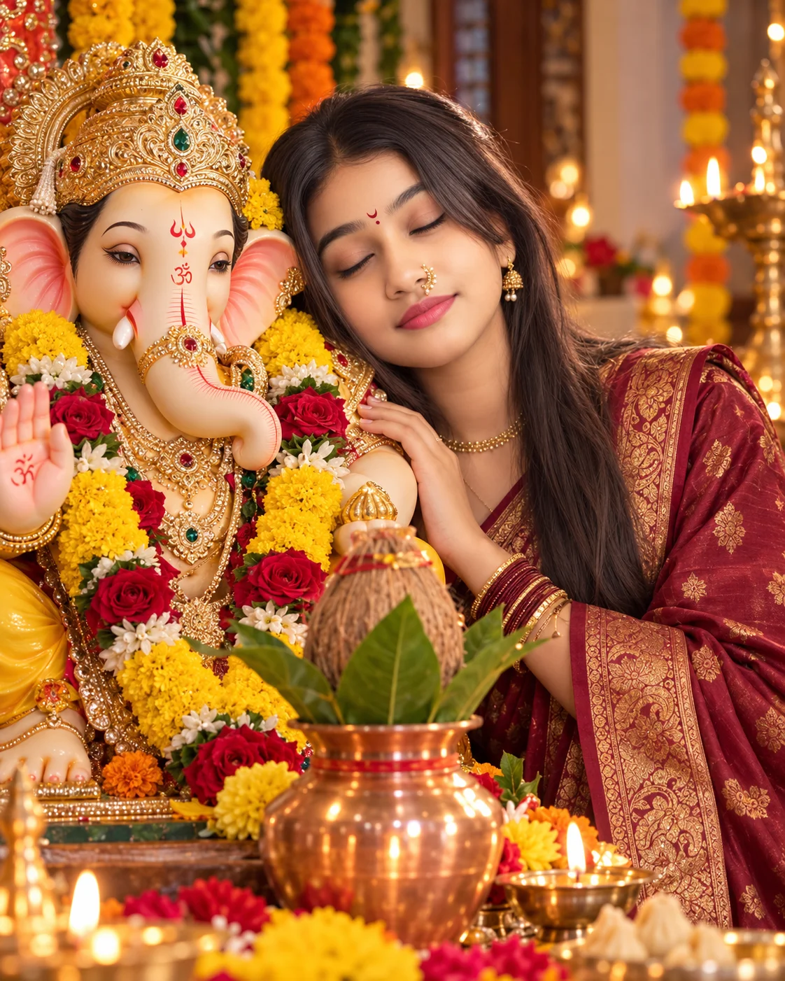 Devotional Ganesh Chaturthi Portrait Prompt – Woman with Lord Ganesha & Kalash
