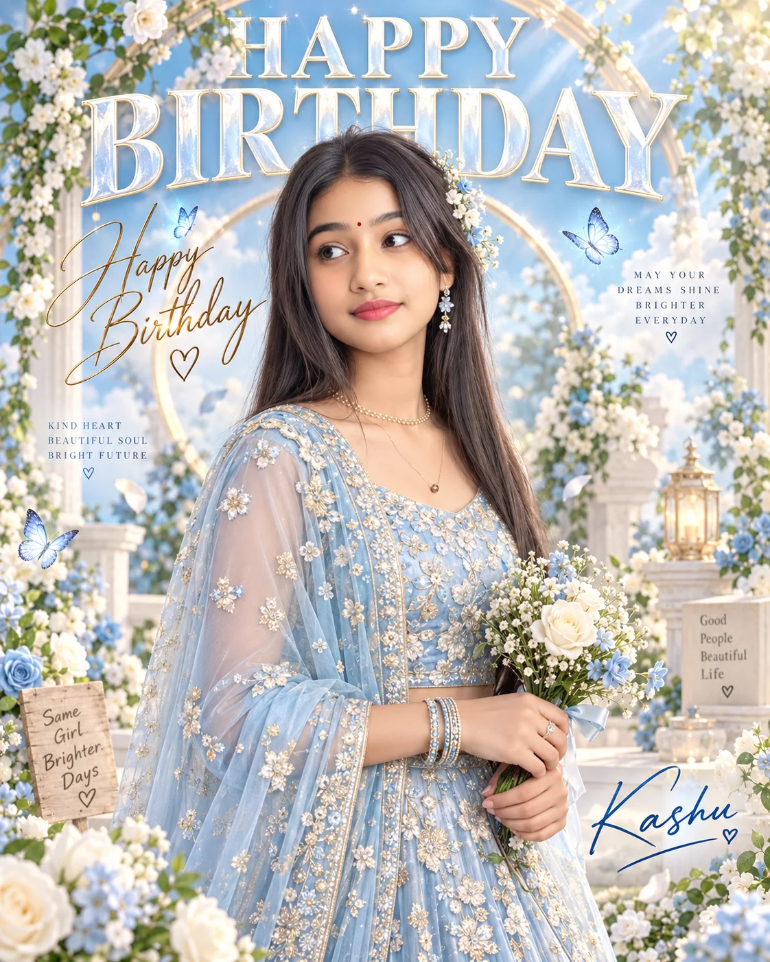 Sky blue birthday portrait with dreamy elements for celebrations.