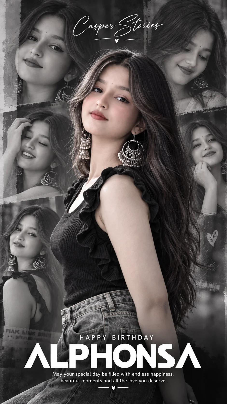 Black and white 8K birthday portrait poster of a woman with 'Happy Birthday Alphonsa' text