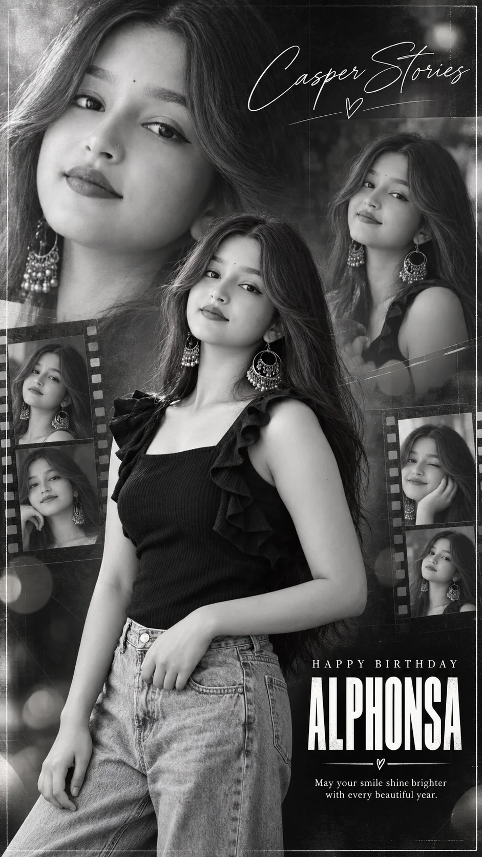 Happy Birthday Alphonsa — luxury black and white cinematic portrait poster