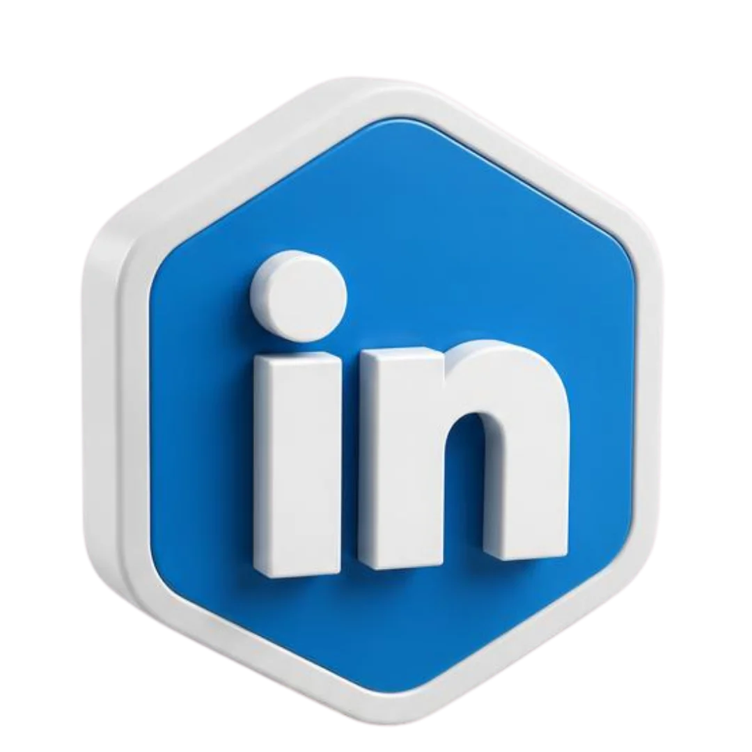 LinkedIn logo in blue hexagon 3D style, transparent PNG.