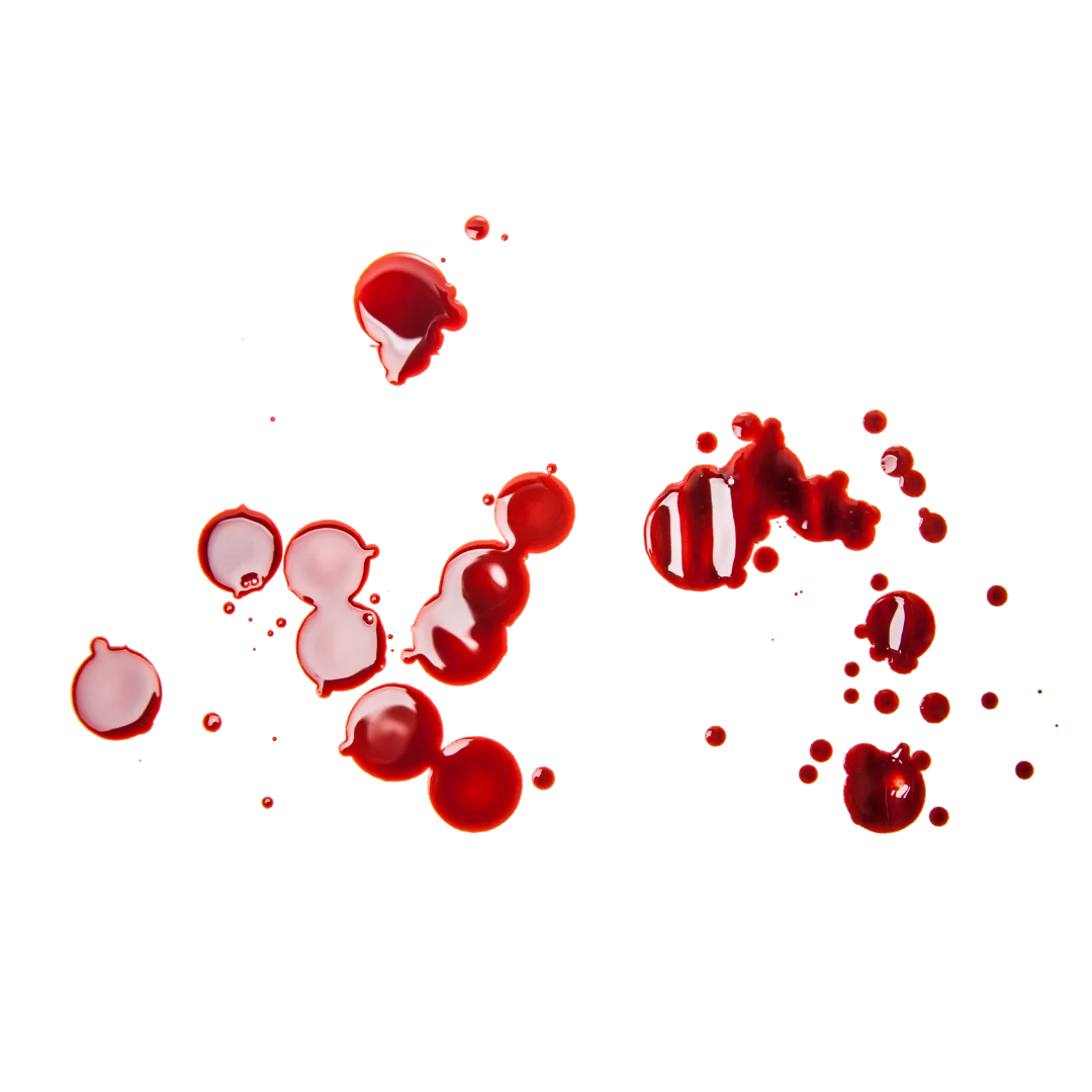 Transparent blood splatter PNG for creative use in designs.