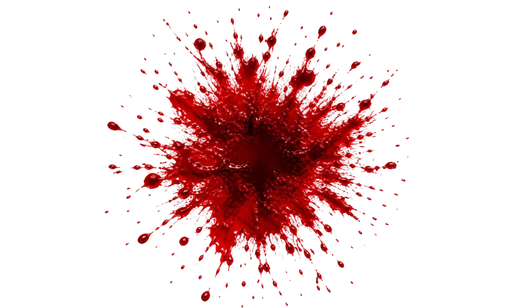 Transparent blood splatter PNG for graphic design and artwork.