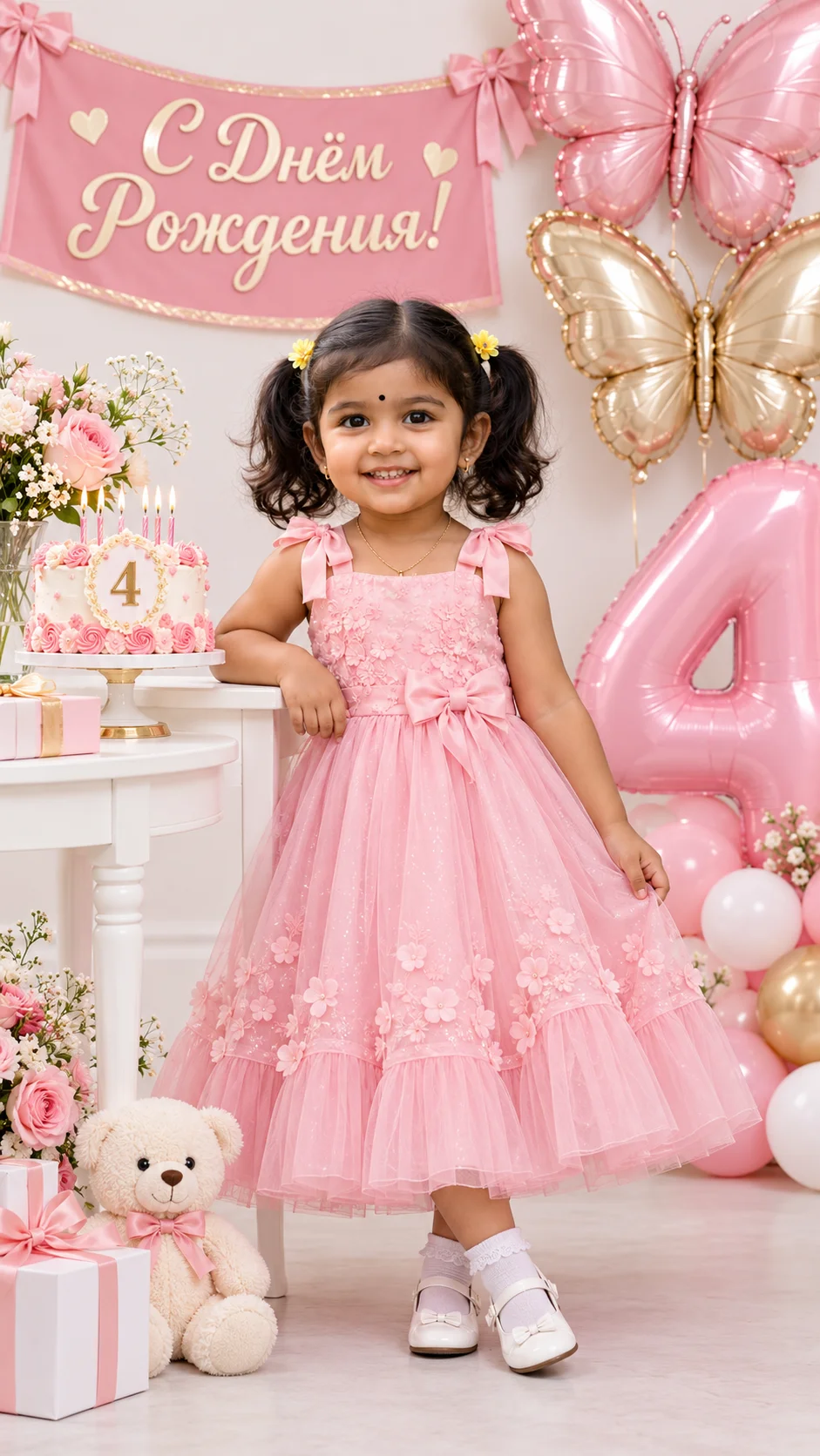 Pink Birthday Photo Prompt for Kids: Create a Luxury AI Birthday Portrait 2 Pink luxury birthday portrait concept for a child (studio pink background)