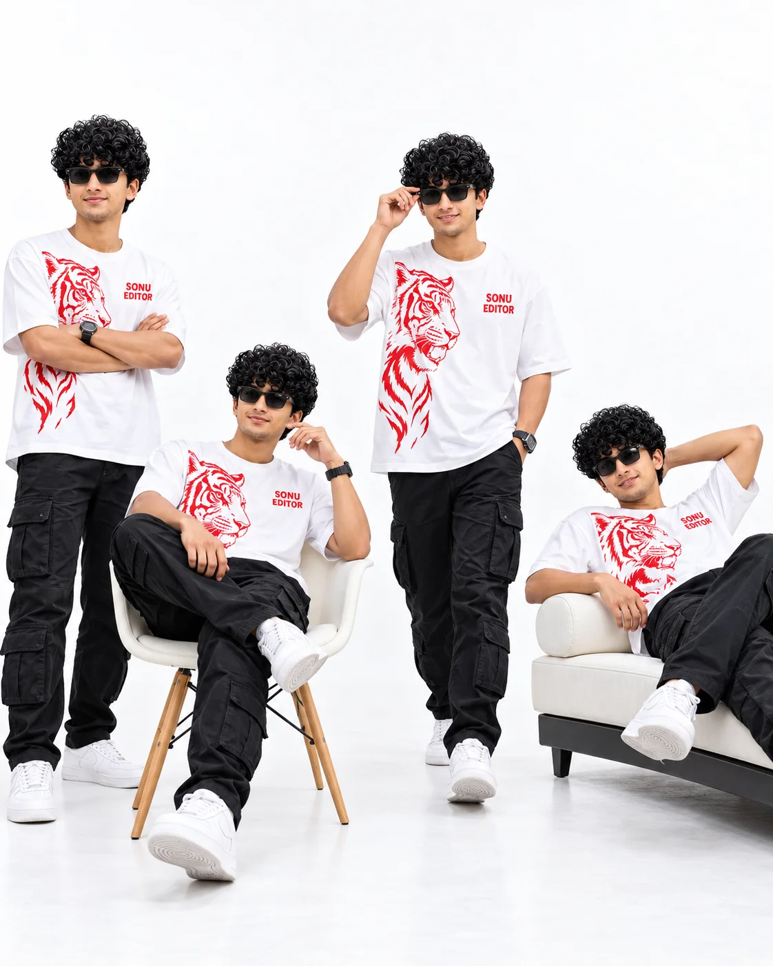 Ultra Realistic 8K Sonu Editor Fashion Photo Collage – 4 Stylish Poses in Tiger Print T-Shirt Prompt 4 Ultra Realistic 8K Sonu Editor Fashion Photo Collage – 4 Stylish Poses in Tiger Print T-Shirt Prompt